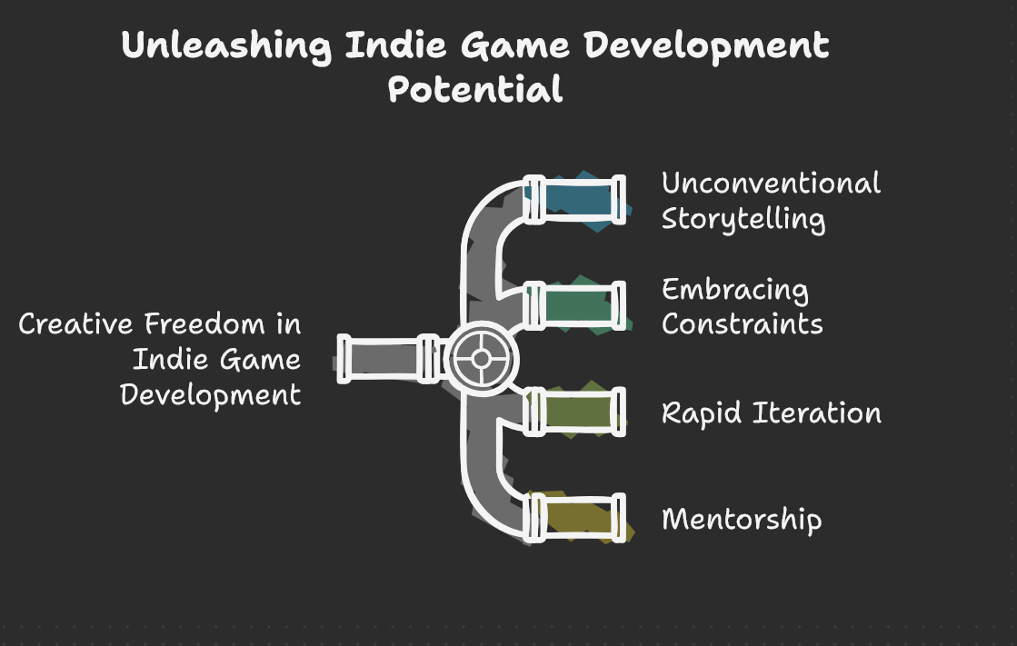 Survival Guide for indie game developers: Diagram titled "Unleashing Indie Game Development Potential": visualizing how creative freedom fuels the indie games market, branching into Unconventional Storytelling, Embracing Constraints, Rapid Iteration, and Mentorship.