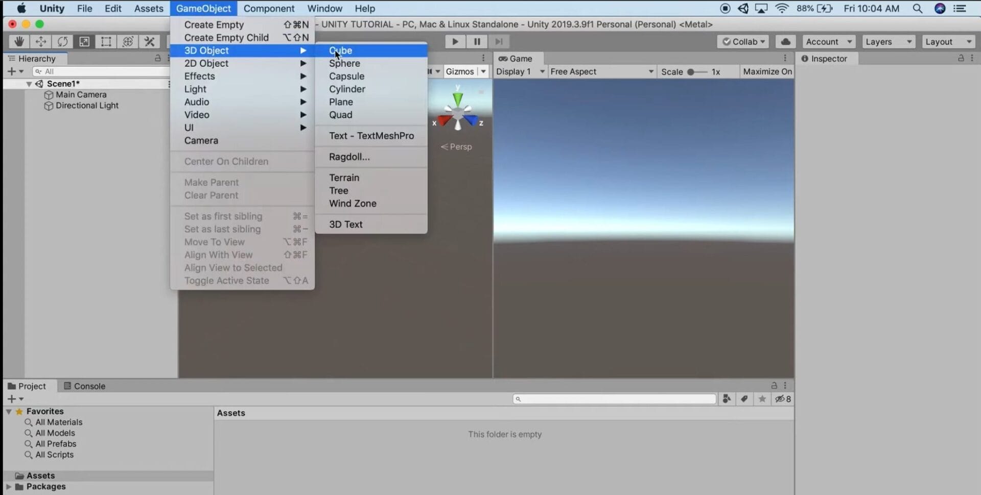 Player movement in Unity with Rigidbodies - Create the Ground - Screenshot of the Unity game engine interface on a Mac, showing the GameObject menu open with the 3D Object submenu expanded—a helpful view when setting up player movement in Unity with Rigidbodies.