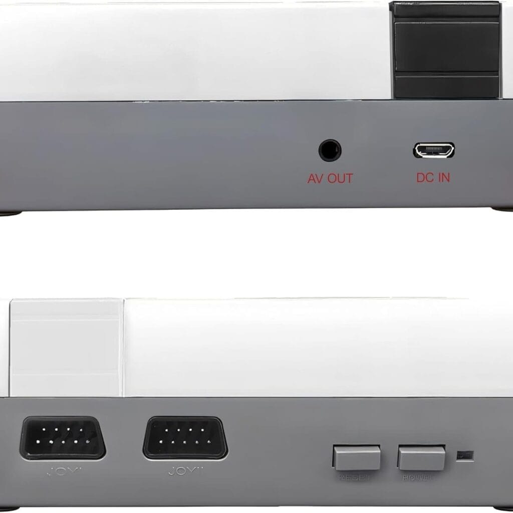 Two views of a Classic Handheld Game Console display AV OUT, DC IN ports, two joystick ports, plus power and reset buttons.