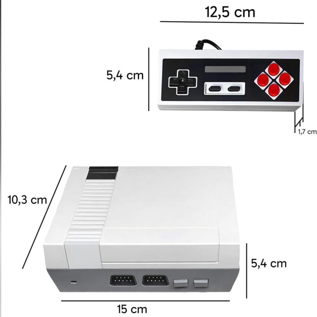 A Classic Handheld Game Console and controller are shown with labeled dimensions: console (15 x 10.3 x 5.4 cm), controller (12.5 x 5.4 x 1.7 cm).