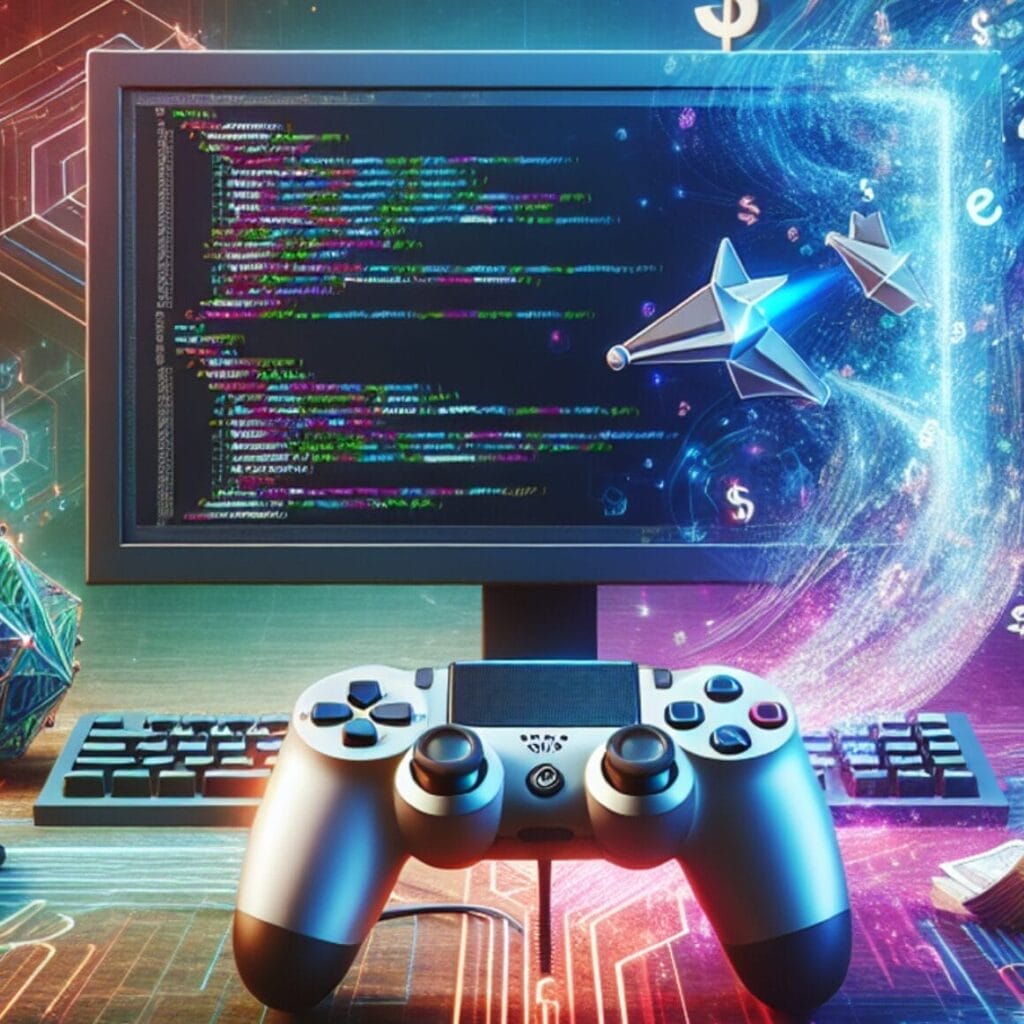 Become a Successful Indie Game Developer in 2024:A computer screen displaying abstract symbols representing programming code, with a game controller beside it and floating dollar signs in a vibrant color palette.