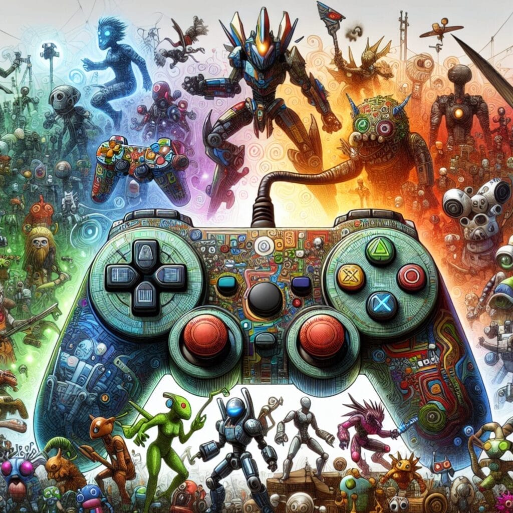 Become a Successful Indie Game Developer in 2024: A game controller surrounded by a variety of colorful and unique indie game characters.