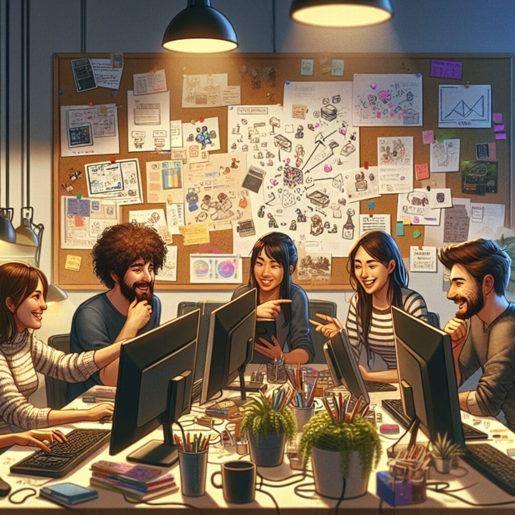 Become a Successful Indie Game Developer in 2024: A diverse group of indie game developers engaged in a lively discussion, surrounded by computers and gaming tools. A large board full of posted notes, sketches, and diagrams crowns the back wall, symbolizing their brainstorming sessions.