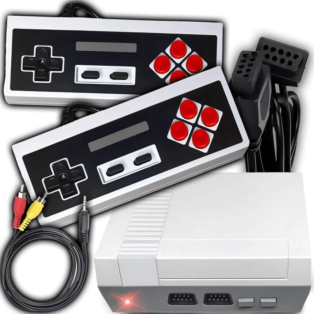A Classic Handheld Game Console with two rectangular controllers, AV cables, and ports for controller connection, displayed on a white background.