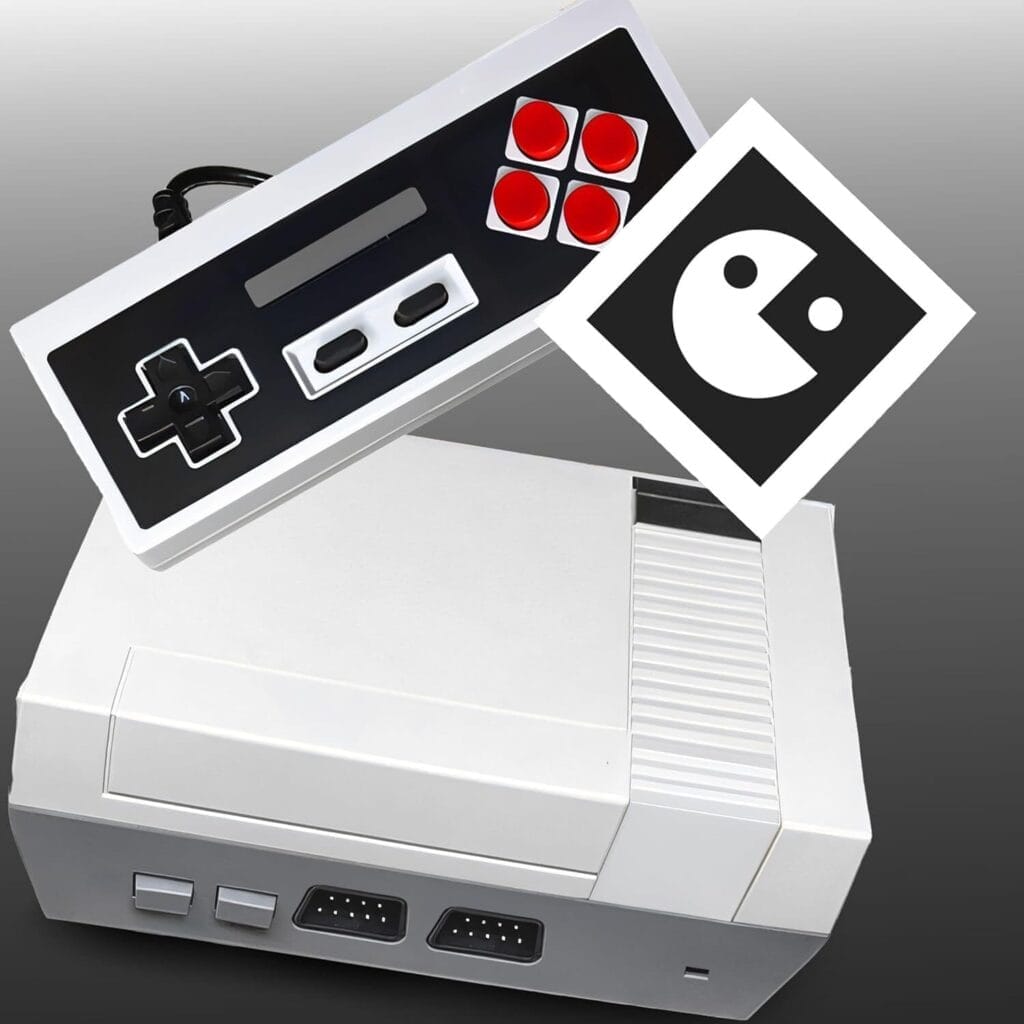 A retro-style classic handheld game console with two classic controllers and a smiley face logo in the corner on a gray gradient background.