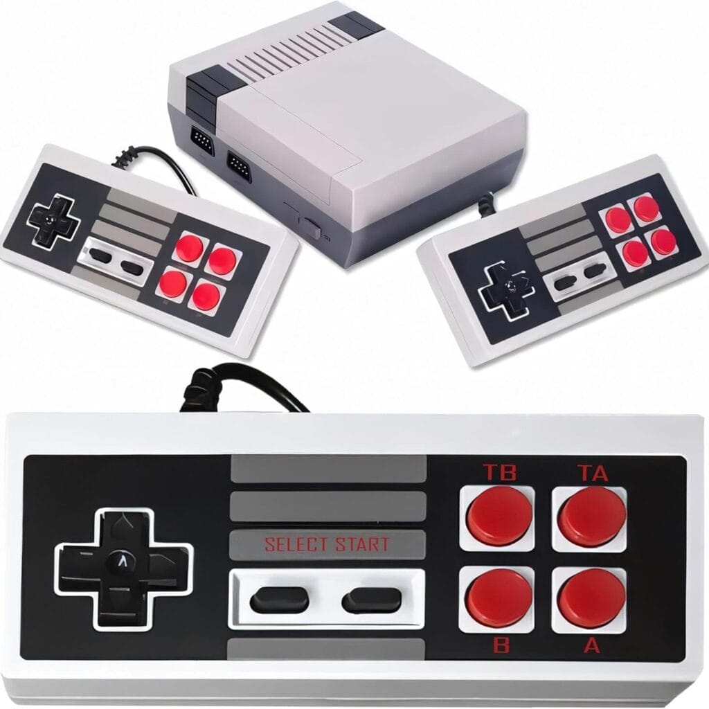 A Classic Handheld Game Console with two controllers, featuring a close-up of one controller’s D-pad, “SELECT” and “START” buttons, and four red action buttons labeled TA, TB, A, and B—perfect for retro gaming enthusiasts.