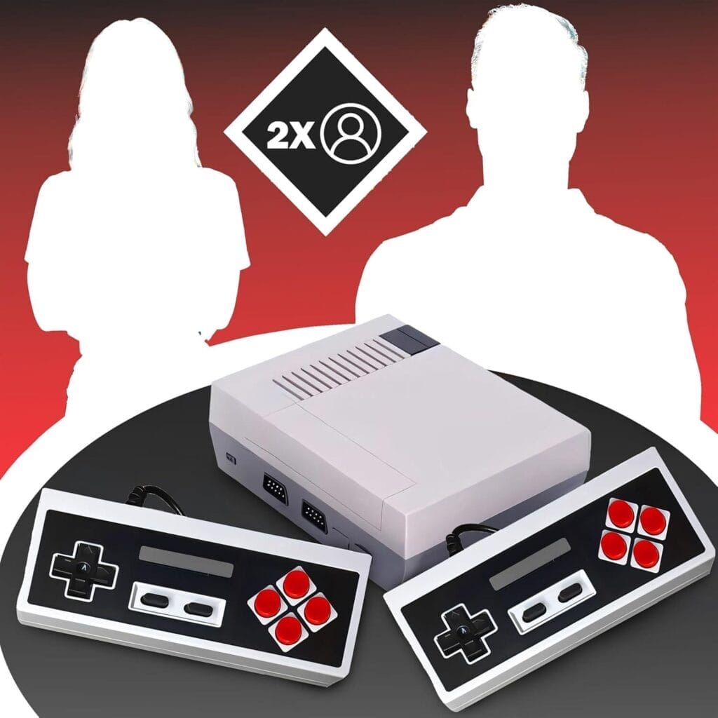 Retro gaming console with two classic controllers in front, silhouettes of two people in the background, and "2X" player icon above—perfect for reliving memories on a Classic Handheld Game Console.