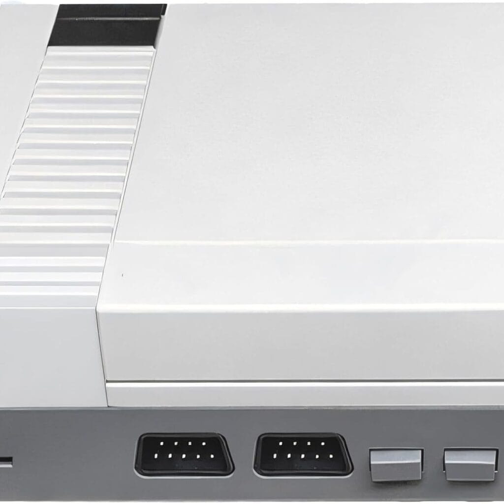 A gray and white rectangular classic handheld game console with two controller ports and two buttons on the front panel.