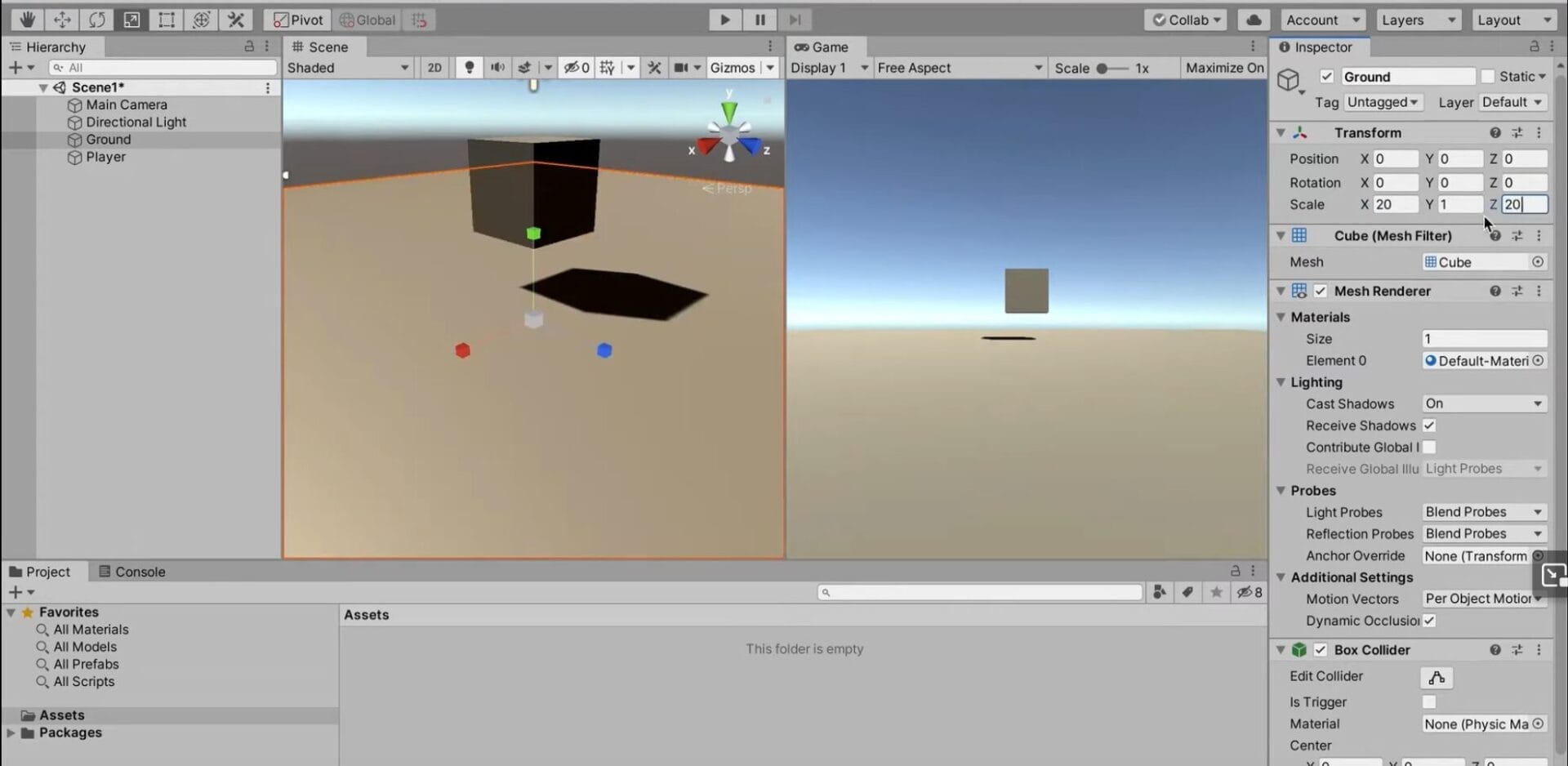 Player movement in Unity with Rigidbodies - Create the GroundA Unity Editor window shows a 3D scene with a floating cube above a plane, illustrating player movement in Unity with Rigidbodies, while the Inspector displays the cube’s transform settings and the Project assets folder is empty.