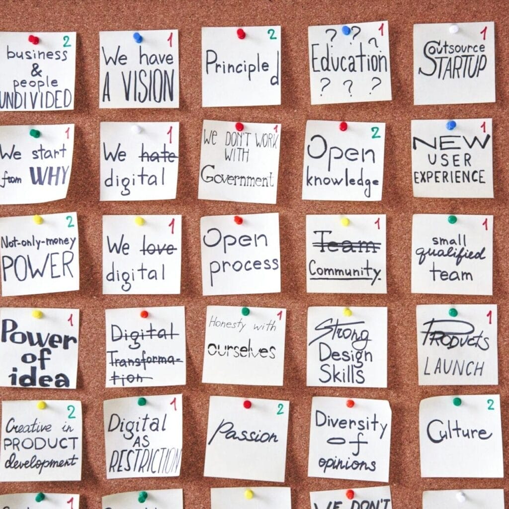 how to create a logo for your game -- The Design process -  on Pexels.com A corkboard displays many handwritten notes pinned in a grid, each with different words or phrases about business, teamwork, digital trends, creative concepts, and tips like how to create a logo for your game.