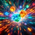 Three colorful dice are surrounded by glowing numbers and digital codes, showcasing the power of chance in a dynamic, high-tech environment.