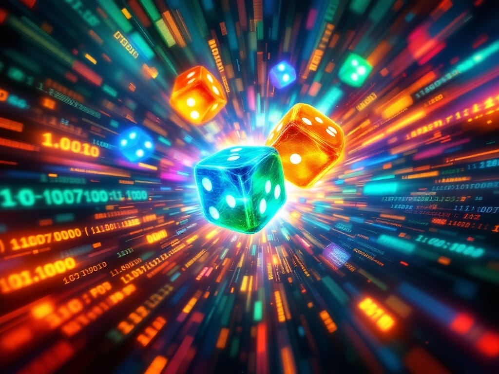 Three colorful dice are surrounded by glowing numbers and digital codes, showcasing the power of chance in a dynamic, high-tech environment.