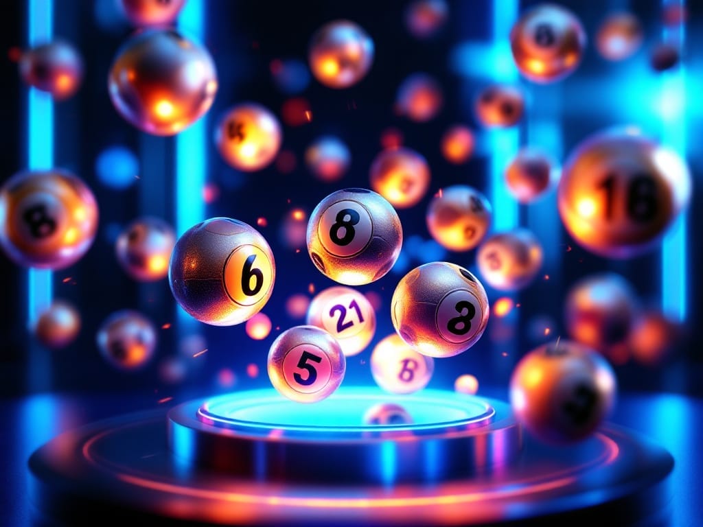 A Gamer's Guide to Random Number Generators -- Multiple glowing lottery balls with various numbers, including 6, 8, 5, and 21, float above a round illuminated platform in a dark, neon-lit setting—showcasing the power of chance and the intrigue of random number generators.