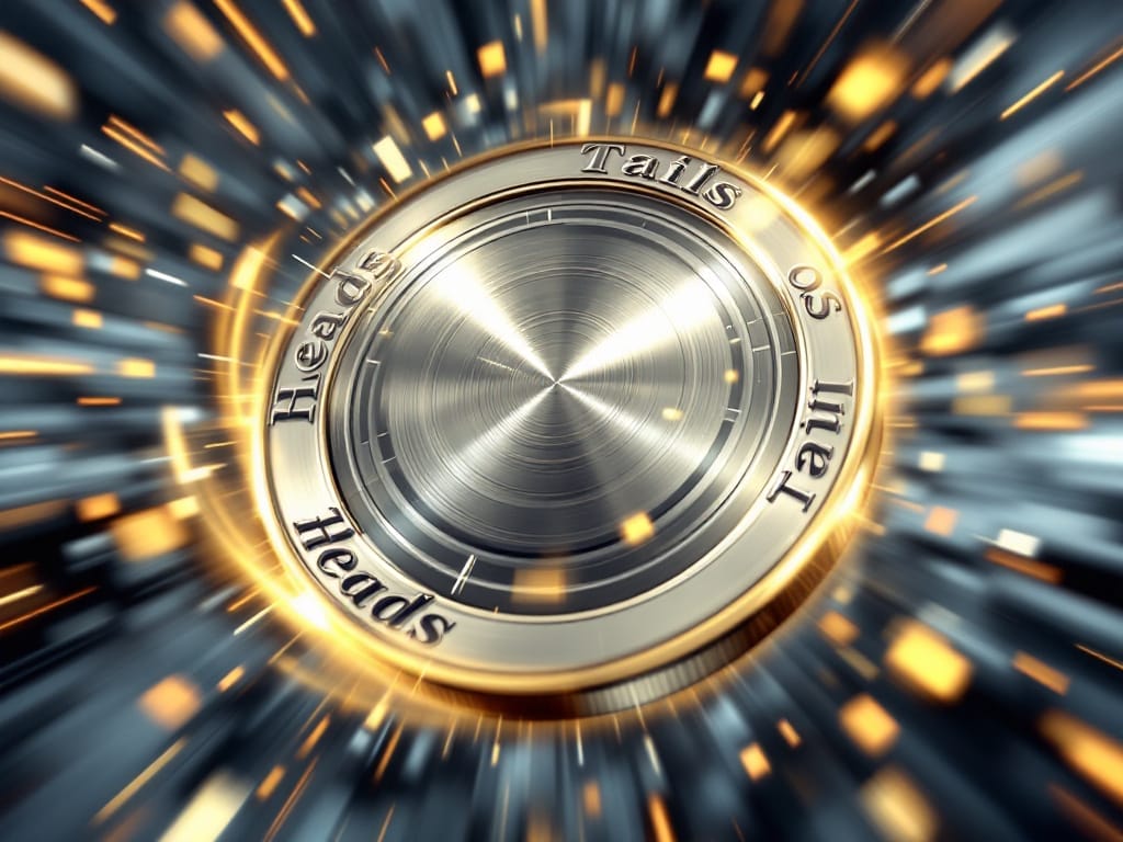 A Gamer's Guide to Random Number Generators -- A shiny coin labeled "Heads" and "Tails" spins rapidly, surrounded by blurred streaks of light, capturing the power of chance and the energy behind random number generators.