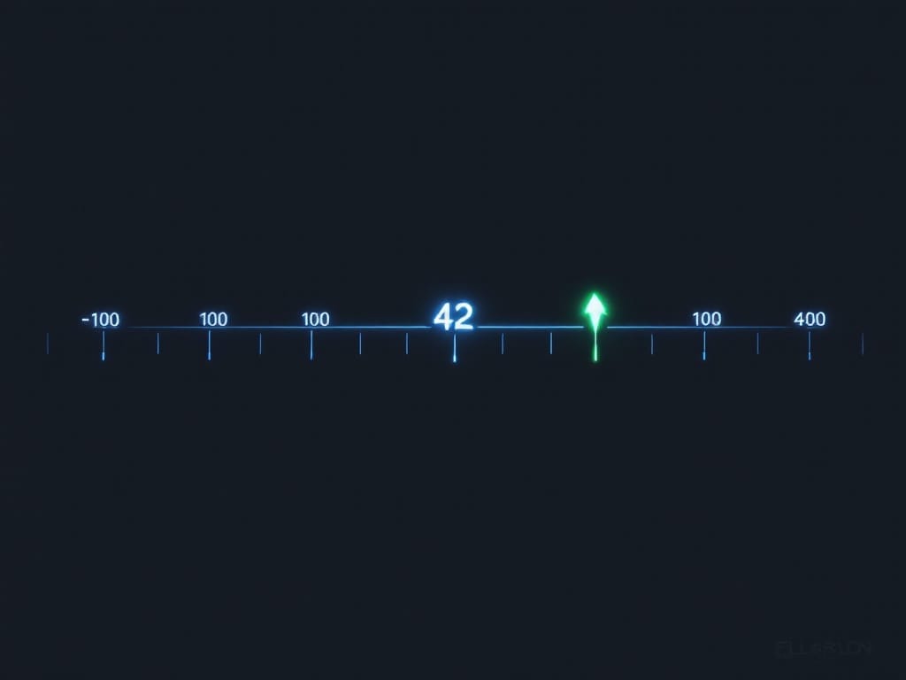 A Gamer's Guide to Random Number Generators -- A dark background with a glowing horizontal number line from -100 to 400, the number 42 in the center—like something out of a gamer’s guide—and a green upward arrow above it, hinting at chance and random number generators.
