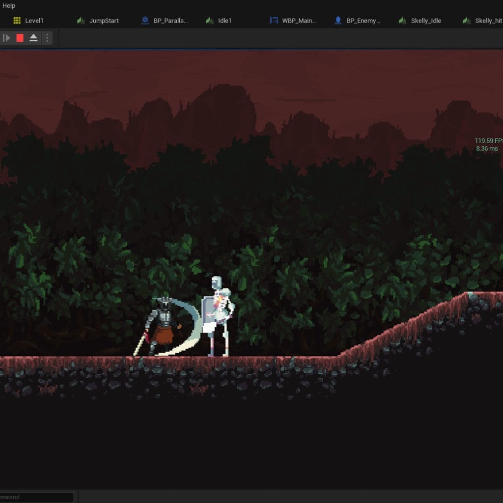 Source Skillshare unreal engine 5 2d game A pixel art Unreal Engine 2D game is displayed in a development environment. A white-armored character with a scythe stands on a dirt path against a forest and red sky background.