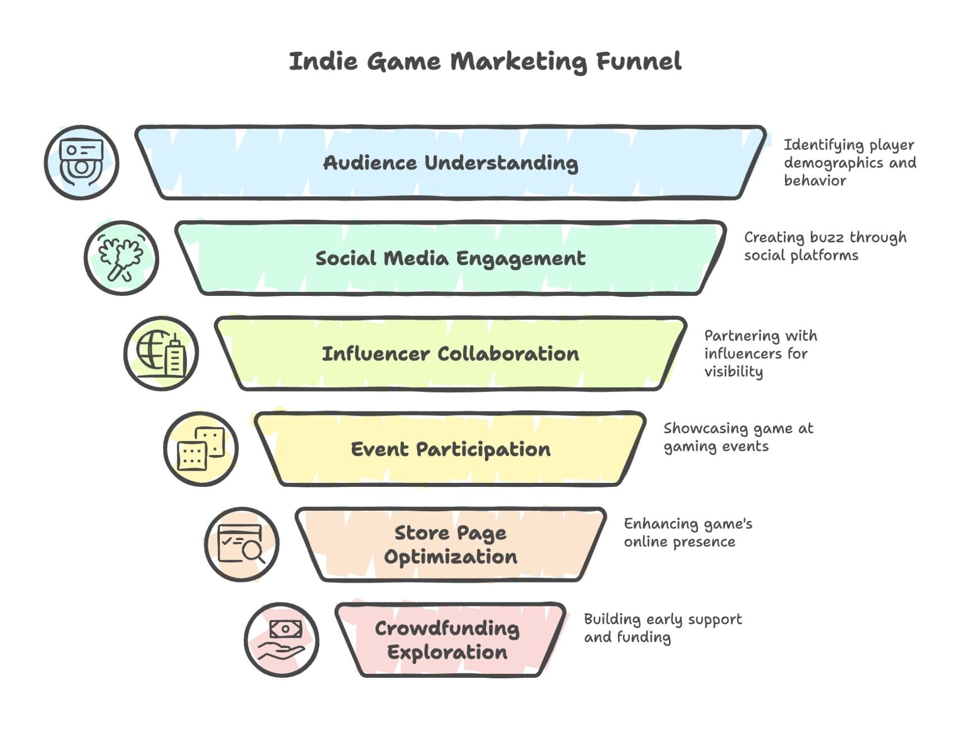 Infographic Survival Guide for indie game developers: maps a six-stage marketing funnel—audience understanding, social media engagement, influencer collaboration, event participation, store page optimization, and crowdfunding exploration.