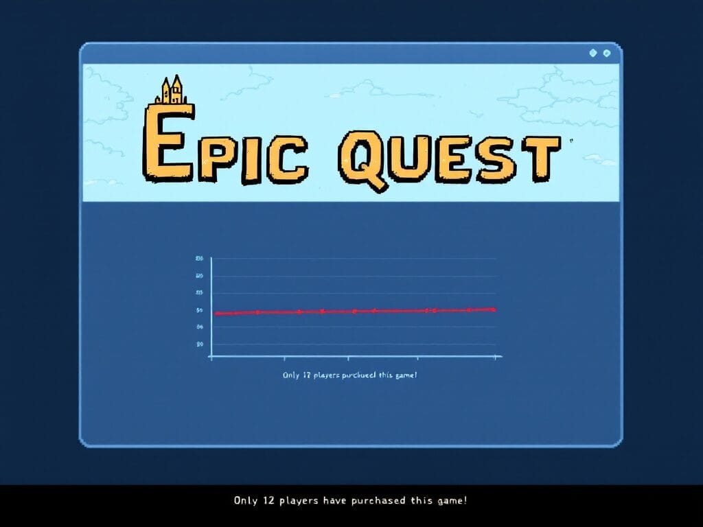 indie game visibility strategies The title "Epic Quest" is displayed above a chart with a mostly flat red line, showing only 12 players have purchased the game—an unexpected turnout for what indie developers hoped would be their next Steam Sensation.