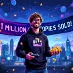 A man with glasses holds a game controller and gold coins in front of a city skyline, with a banner reading "1 MILLION COPIES SOLD!"—celebrating this Steam Sensation from talented indie developers, as balloons float through the sky.
