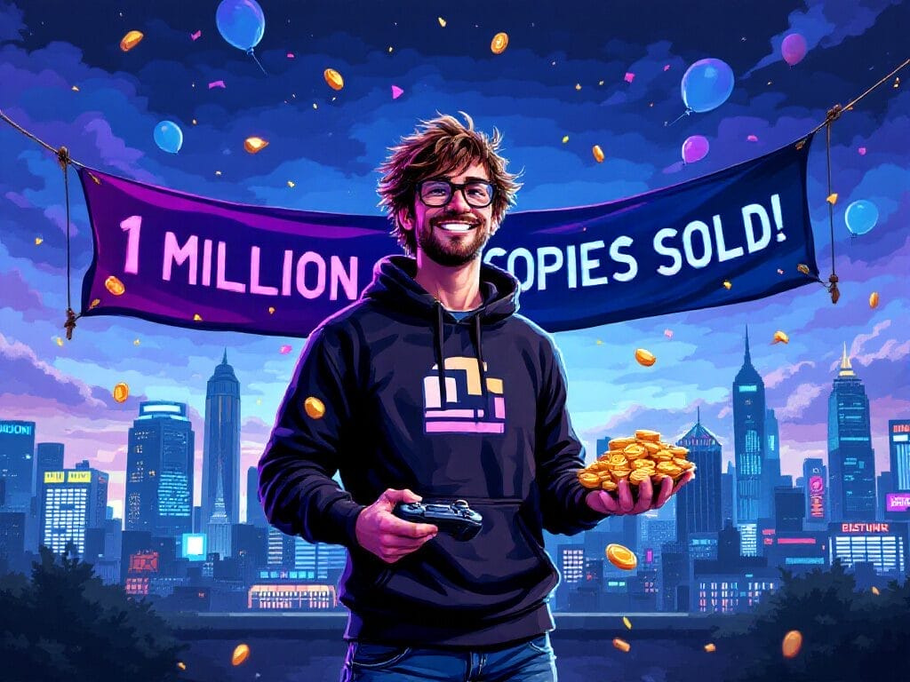 A man with glasses holds a game controller and gold coins in front of a city skyline, with a banner reading "1 MILLION COPIES SOLD!"—celebrating this Steam Sensation from talented indie developers, as balloons float through the sky.