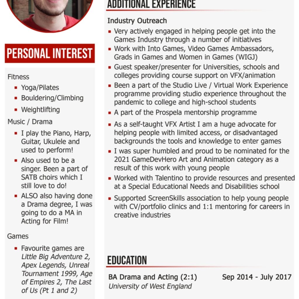 Resume section displaying education, professional experience in games and animation, personal interests like yoga and music, favorite games, and tips on how to get a job in the games industry—all organized with clear headings and bullet points.