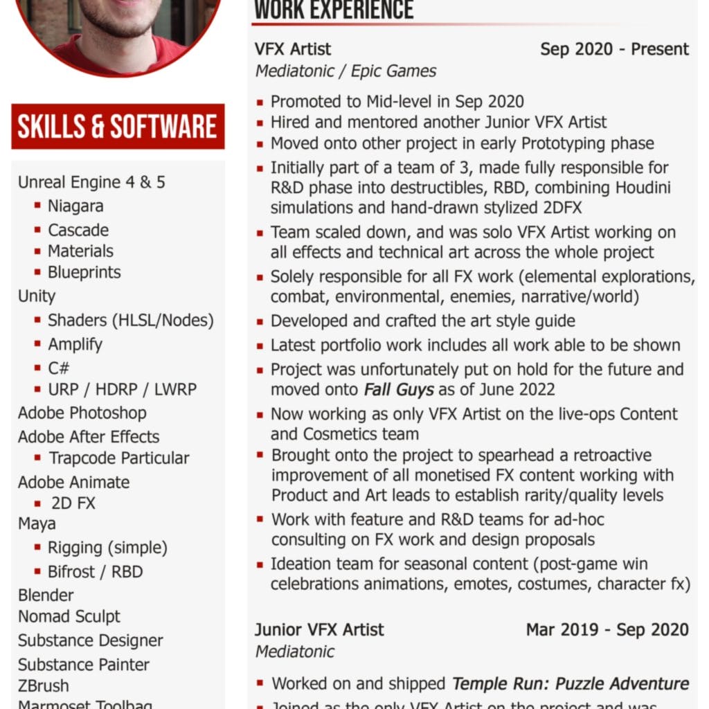 Resume excerpt showing VFX work experience, job roles, responsibilities, and tools like Unreal Engine, Maya, and Blender—with a sidebar of technical skills—ideal for those researching how to get a job in the games industry.