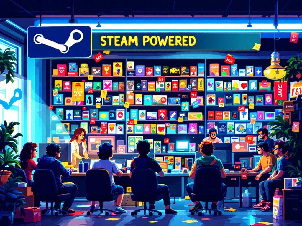indie game visibility strategies A busy gaming-themed office with people at computers and a wall covered in colorful game icons, under a sign reading "Steam Powered," buzzes as indie developers work on their next Steam sensation.