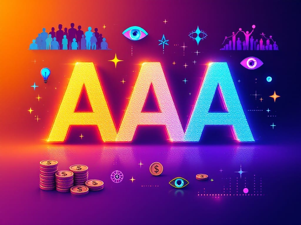 Large glowing letters "AAA" surrounded by icons of coins, eyes, people, and charts on a colorful gradient background, representing the world of AAA Game Development.