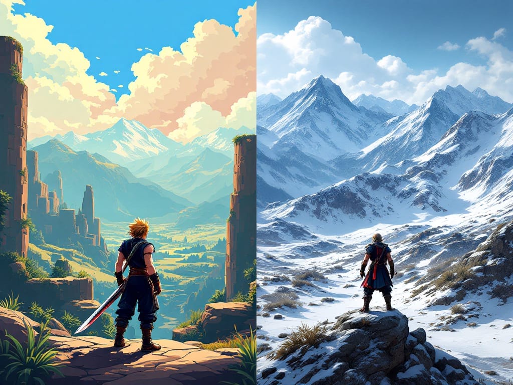 Split image: On the left, a character with a sword overlooks a sunlit valley with ruins—showcasing the epic scale of AAA Video Games; on the right, the same hero faces snowy mountains beneath a clear sky.