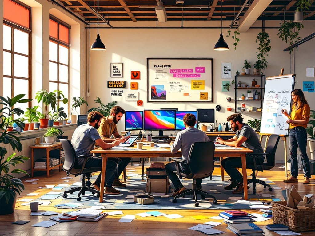 Five people work in a modern, sunlit office filled with plants, papers, and computers. One person writes on a whiteboard while others sit at a large table brainstorming ideas for AAA Game Development projects.