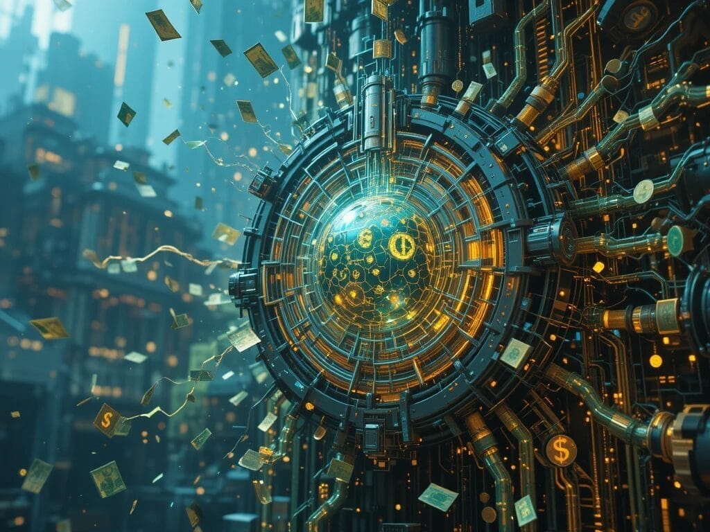 A futuristic digital machine with glowing circuits and currency symbols emits data and money, set in a high-tech cityscape—a vision inspired by the innovation driving AAA Game Development.