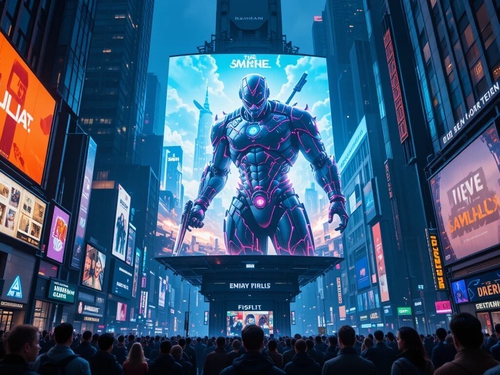 A crowd gathers in a city square at night, surrounded by brightly lit billboards, as a large screen showcases a futuristic armored robot inspired by AAA Video Games.