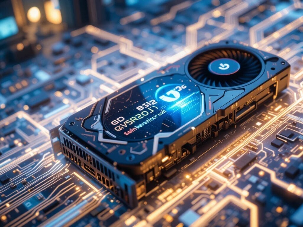A modern graphics card with illuminated details rests on a futuristic circuit board, surrounded by glowing electronic pathways—designed to power the immersive visuals demanded by AAA game development.