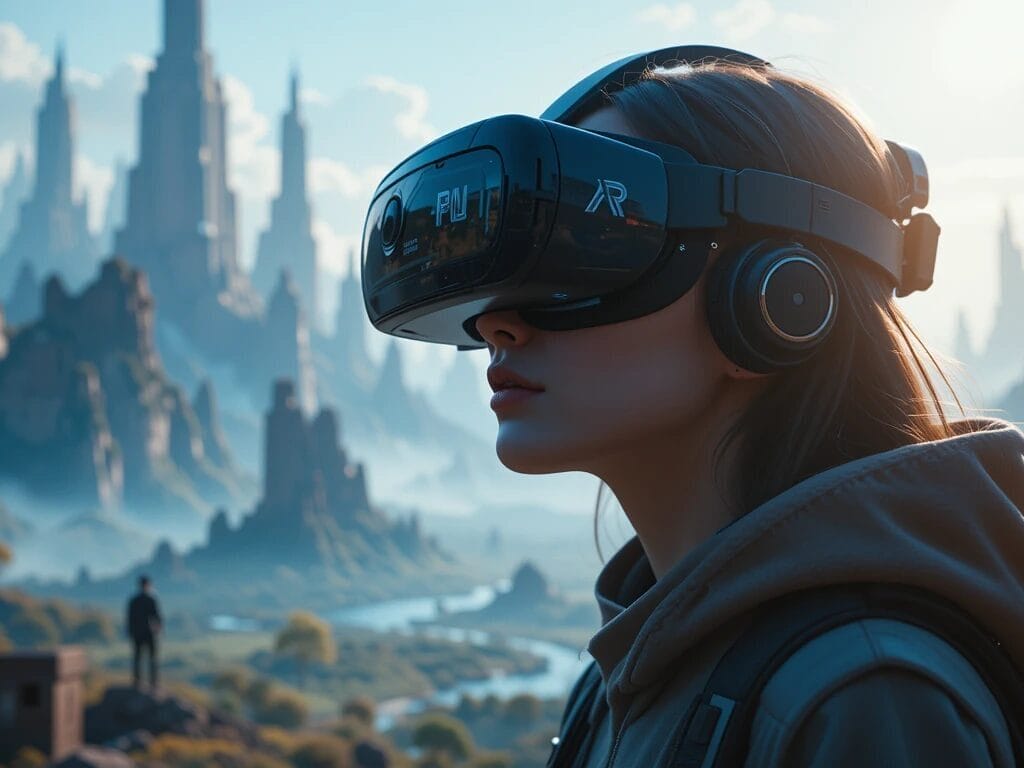 A person wearing a virtual reality headset stands outdoors, immersed in a world inspired by AAA video games, with futuristic rocky spires and misty mountains rising in the background.