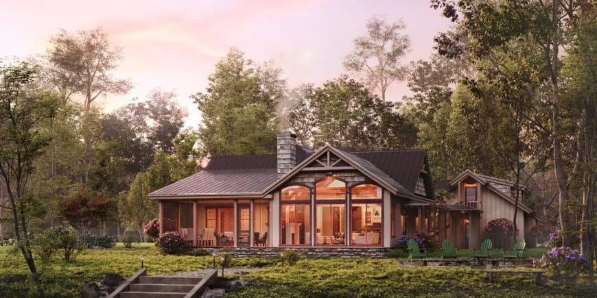 A cozy house with large windows and a porch sits in a wooded area, surrounded by trees, plants, and outdoor chairs at sunset—perfect for an unreal engine 2d game setting.