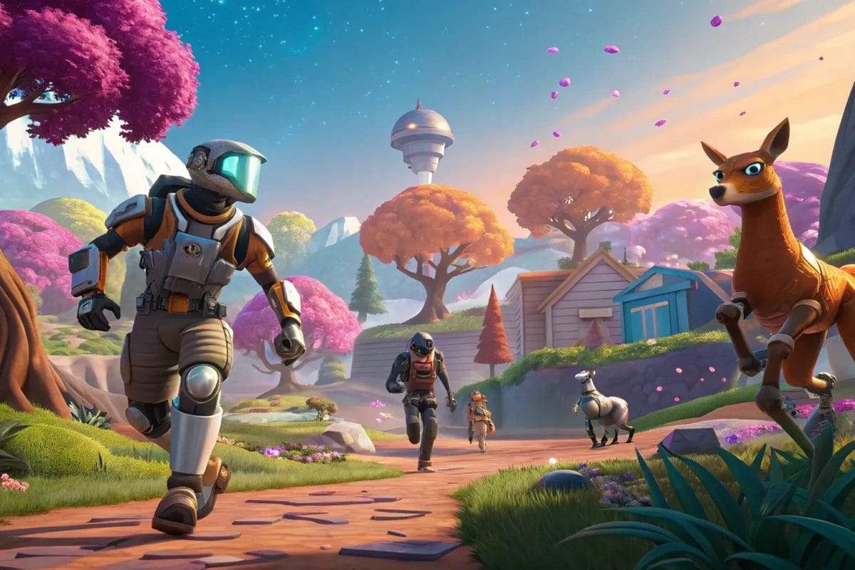 People in spacesuits walk along a path in a colorful, fantastical landscape with futuristic buildings, vibrant trees, and unusual animals, their journey guided by AI Navigation through this imaginative terrain.