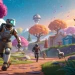 People in spacesuits walk along a path in a colorful, fantastical landscape with futuristic buildings, vibrant trees, and unusual animals, their journey guided by AI Navigation through this imaginative terrain.
