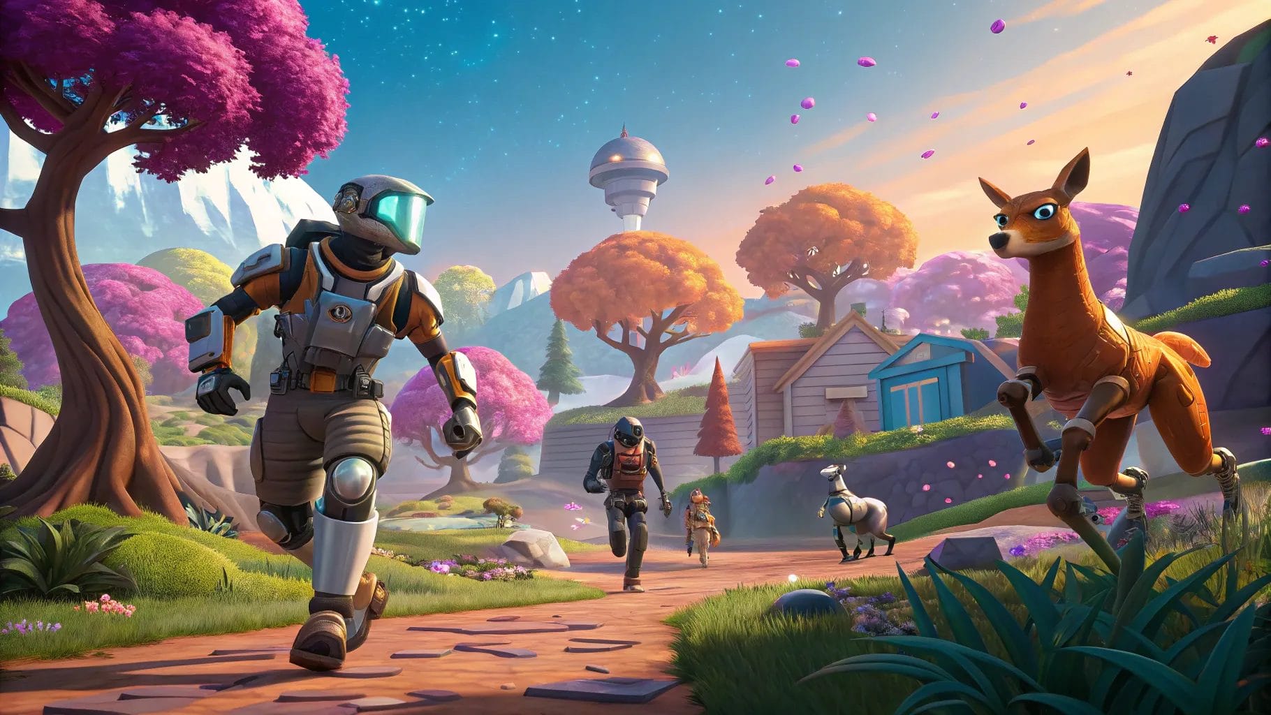 People in spacesuits walk along a path in a colorful, fantastical landscape with futuristic buildings, vibrant trees, and unusual animals, their journey guided by AI Navigation through this imaginative terrain.