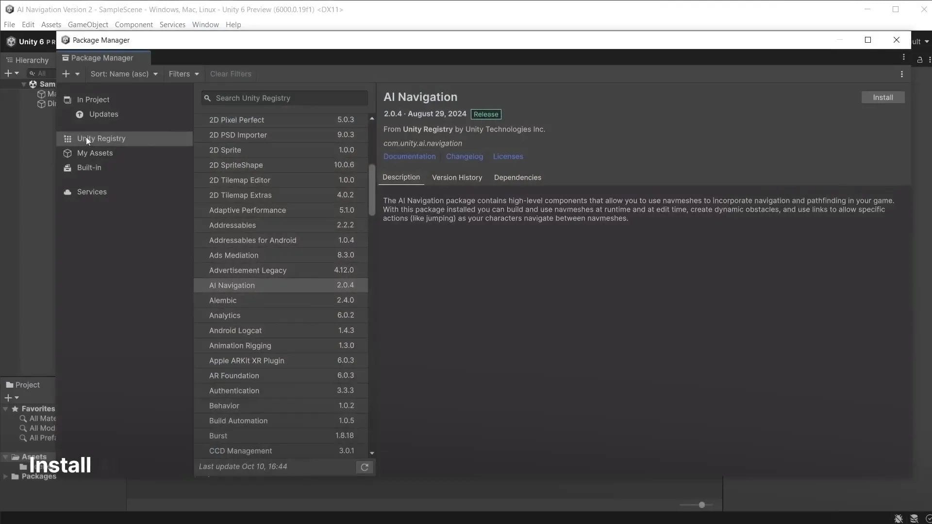 Unity Package Manager with AI Navigation 2.0 installation for Unity NavMesh AI Navigation