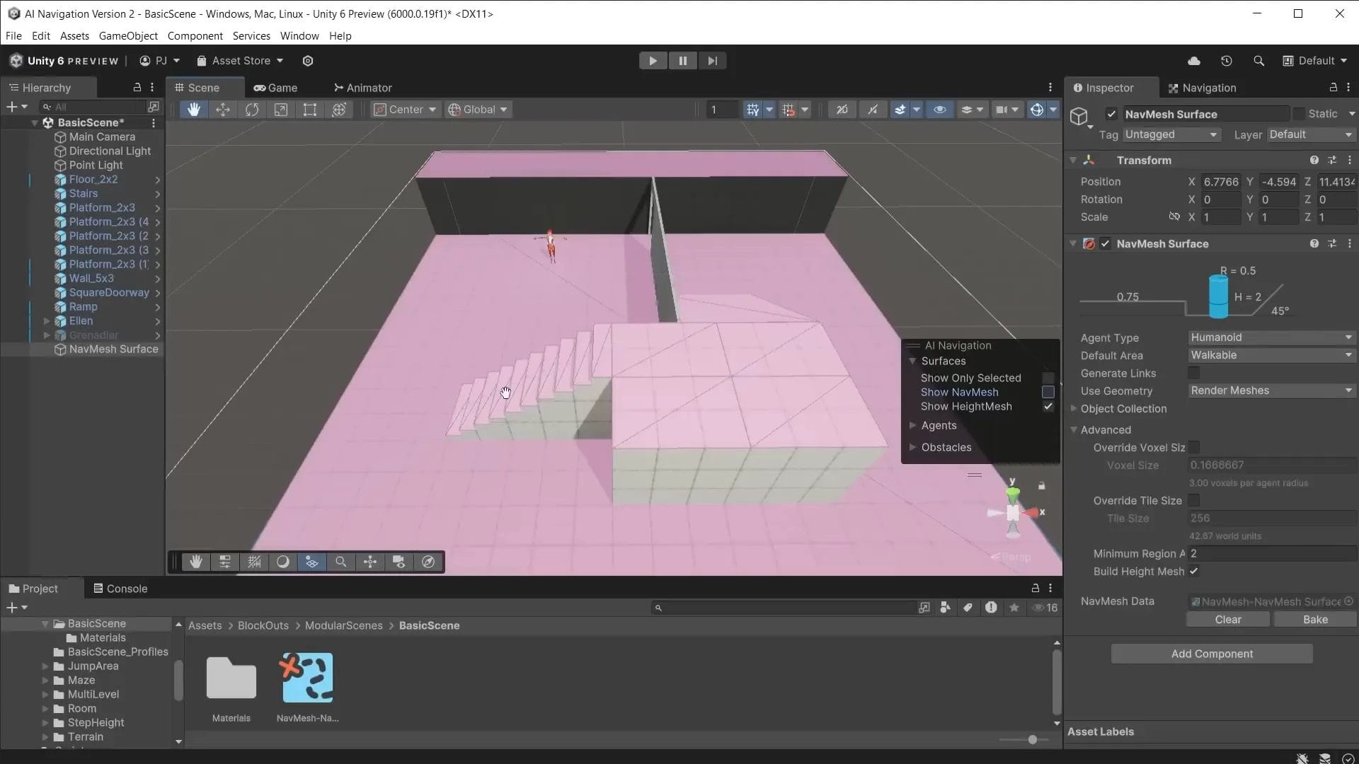  Pink height mesh overlay indicating vertical navigation capabilities in Unity NavMesh AI Navigation