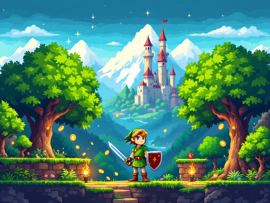 A cartoon knight holding a sword and shield stands on a path between trees, with a castle and mountains in the background and gold coins scattered around—a perfect scene for retro-style indie game development.