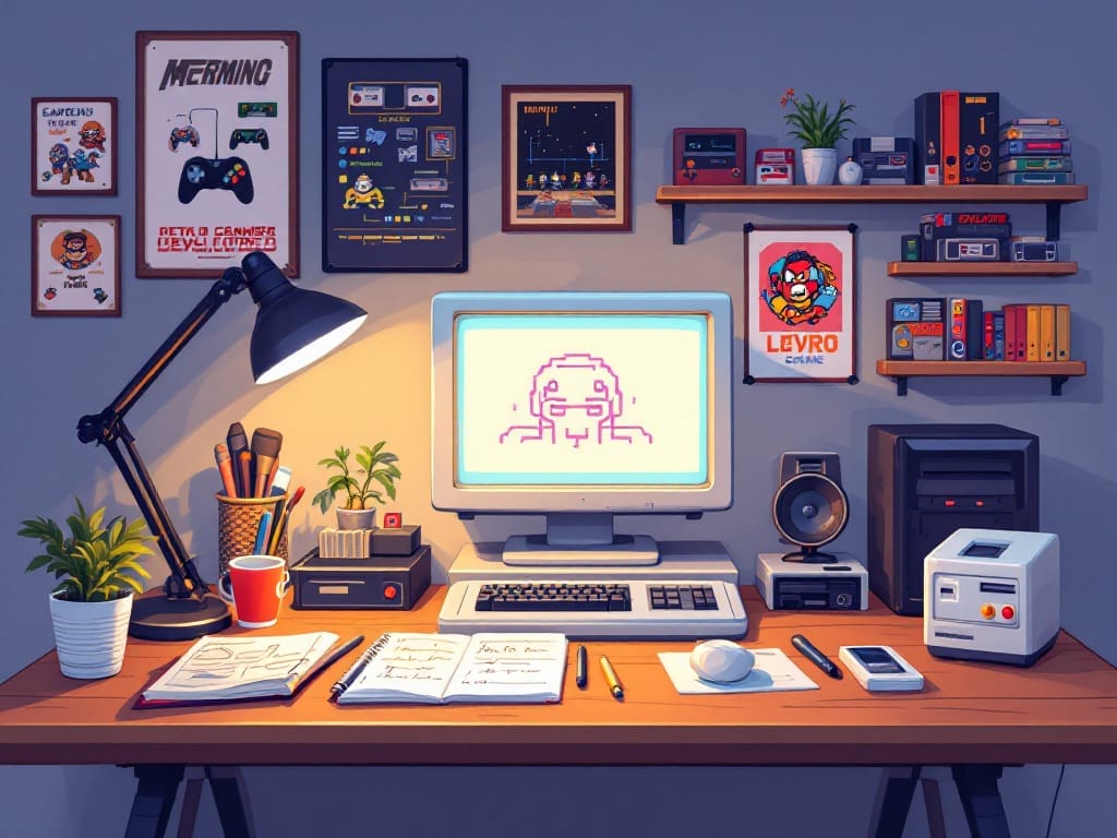 A neatly organized desk with a retro computer setup, gaming consoles, stationery, plants, and pop culture posters on the wall—perfect for retro-style indie game development—all in a colorful, cozy room.