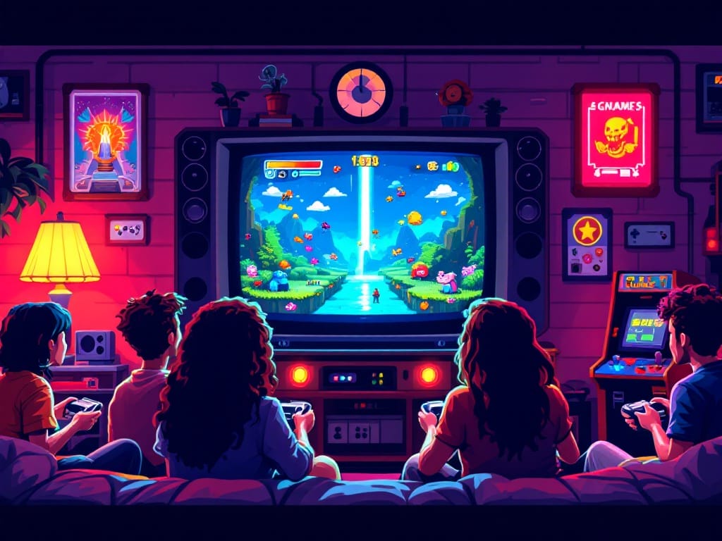 Five people sit on a couch playing a colorful retro-style indie game on a vintage TV in a room decorated with gaming posters, neon signs, and old arcade machines.