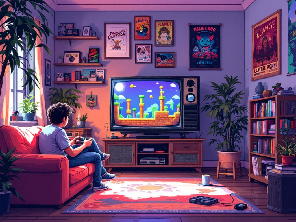 A person sits on a red sofa playing a retro-style indie game on a CRT television in a living room decorated with plants, shelves, and framed posters—a perfect scene for Retro-Style Indie Game Development inspiration.