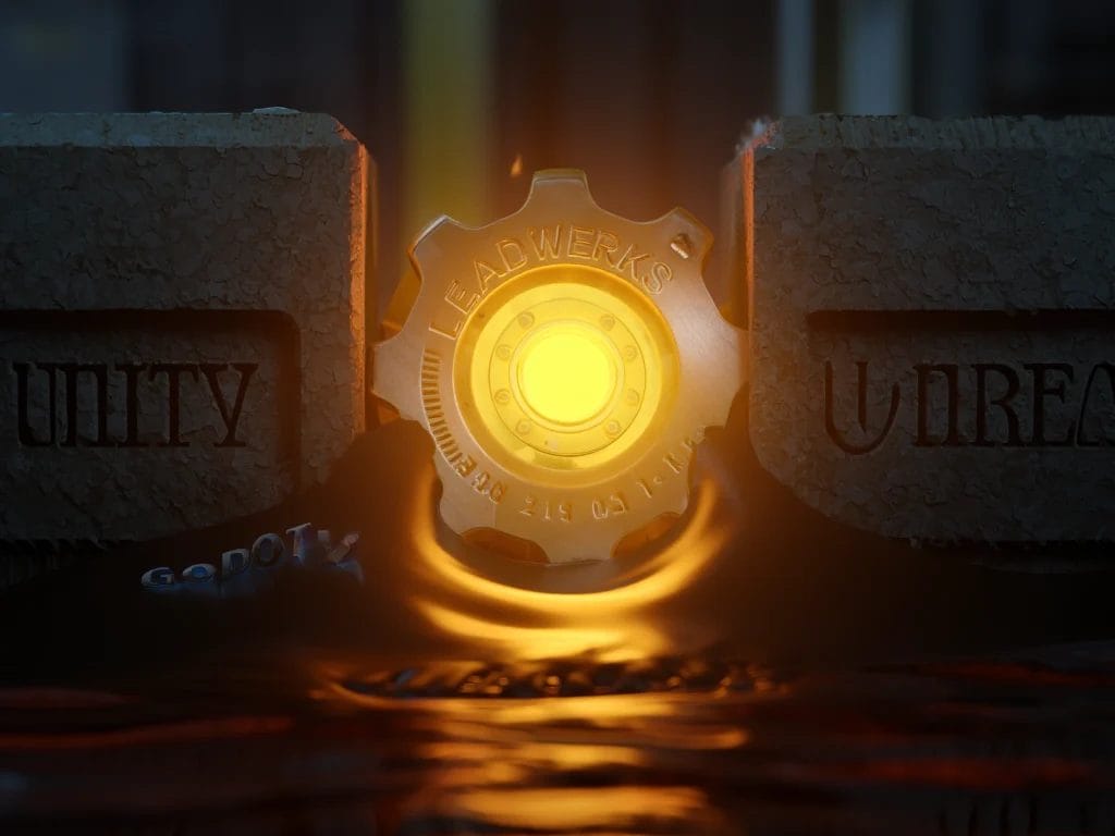  A symbolic image showing the Leadwerks logo being crushed between blocks representing Unity, Unreal Engine, and Godot.