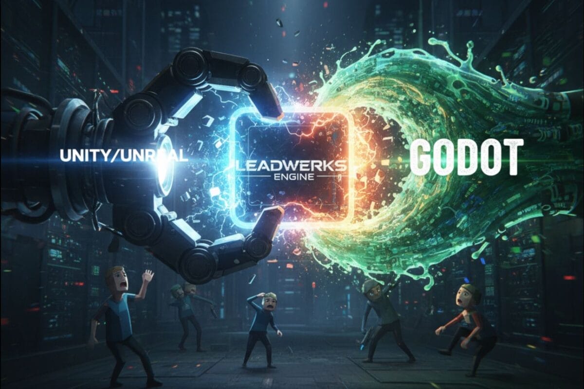 A robotic hand labeled "UNITY/UNREAL" and a green energy wave labeled "GODOT" clash over a "LEADWERKS GAME ENGINE" cube, while animated characters react below in a server room—a dynamic scene highlighting game engine rivalry.
