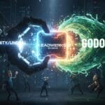 A robotic hand labeled "UNITY/UNREAL" and a green energy wave labeled "GODOT" clash over a "LEADWERKS GAME ENGINE" cube, while animated characters react below in a server room—a dynamic scene highlighting game engine rivalry.