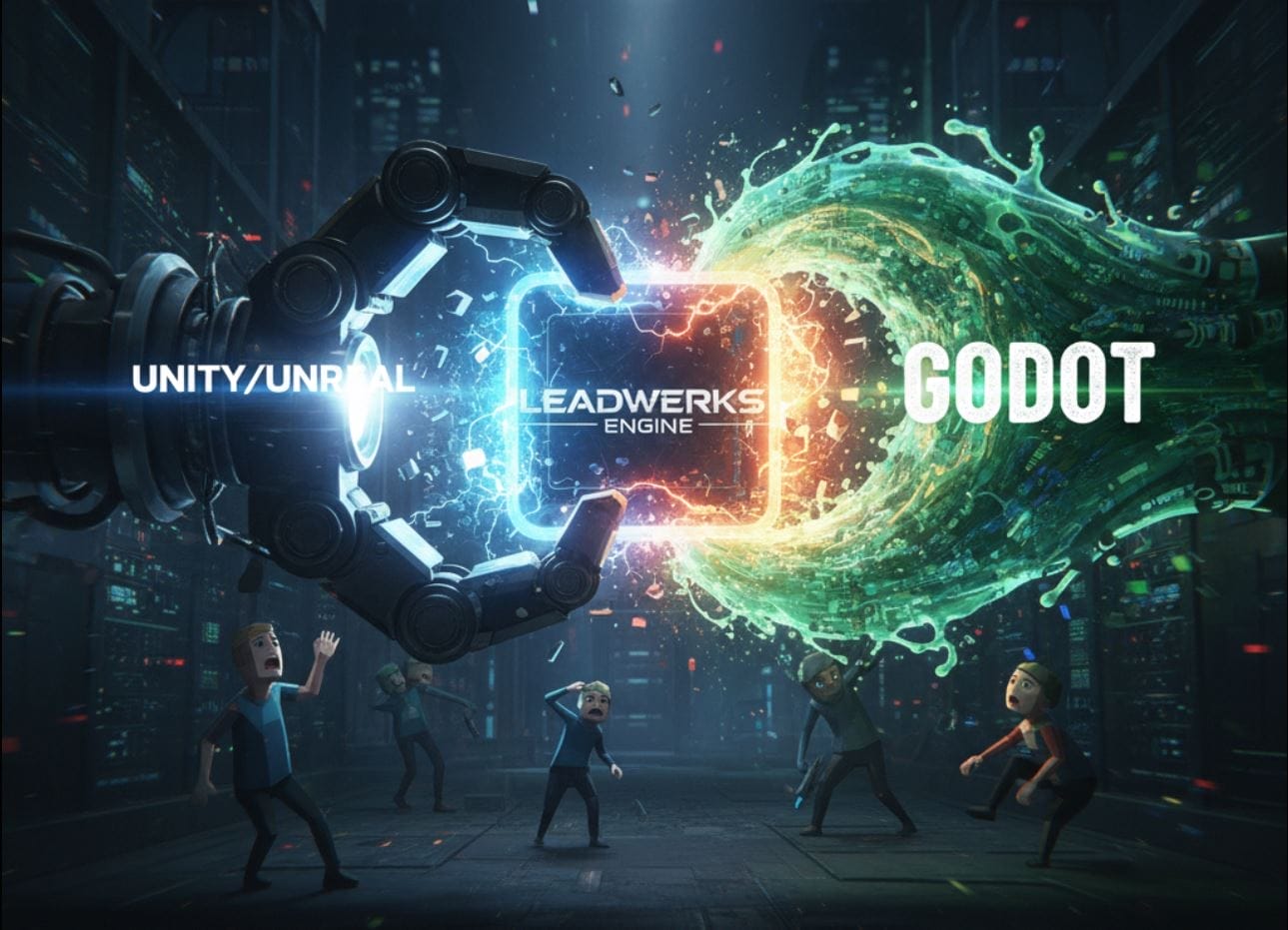 A robotic hand labeled "UNITY/UNREAL" and a green energy wave labeled "GODOT" clash over a "LEADWERKS GAME ENGINE" cube, while animated characters react below in a server room—a dynamic scene highlighting game engine rivalry.