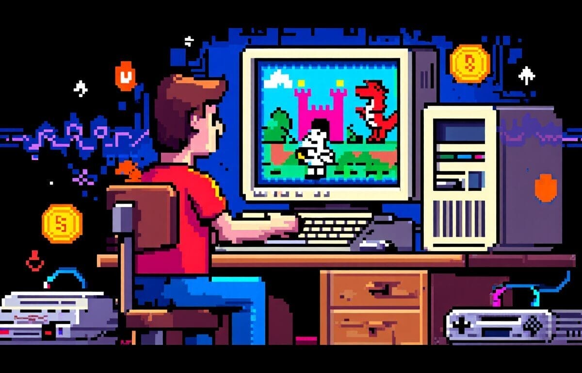 A person sits at a desk using a vintage computer to play a retro-style indie game featuring pixel art of a knight and a red dragon, with gaming accessories and icons scattered around the room.