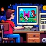 A person sits at a desk using a vintage computer to play a retro-style indie game featuring pixel art of a knight and a red dragon, with gaming accessories and icons scattered around the room.